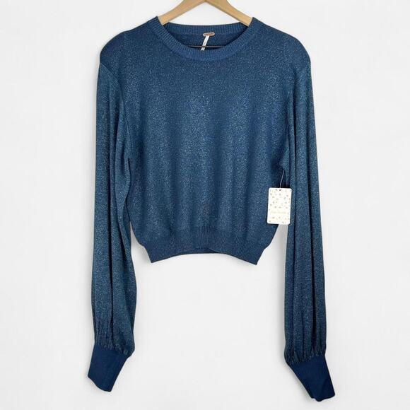 Free People Sweaters - Free people nwt navy shimmer cropped billow sleeve sweater